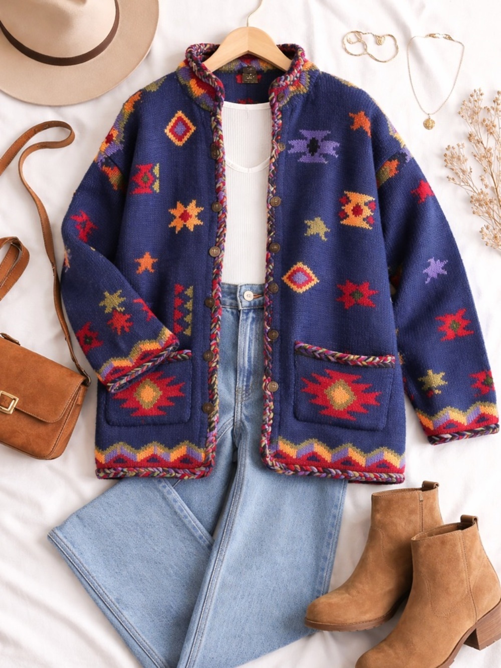 Coldwater Creek Sweater Size L Button Up Wool Aztec Southwestern Blue